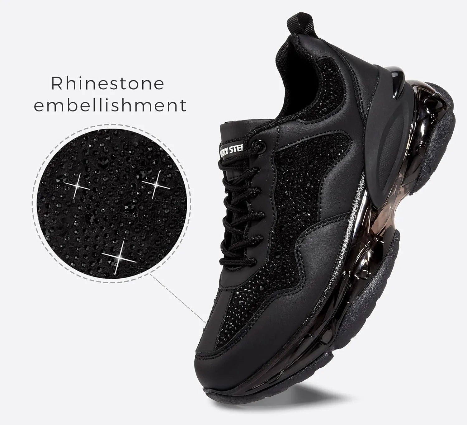 LUCKY STEP Women's Air Cushion Rhinestone Fashion Sneakers Chunky Rave Sparkly Casual Comfortable Walking Shoes