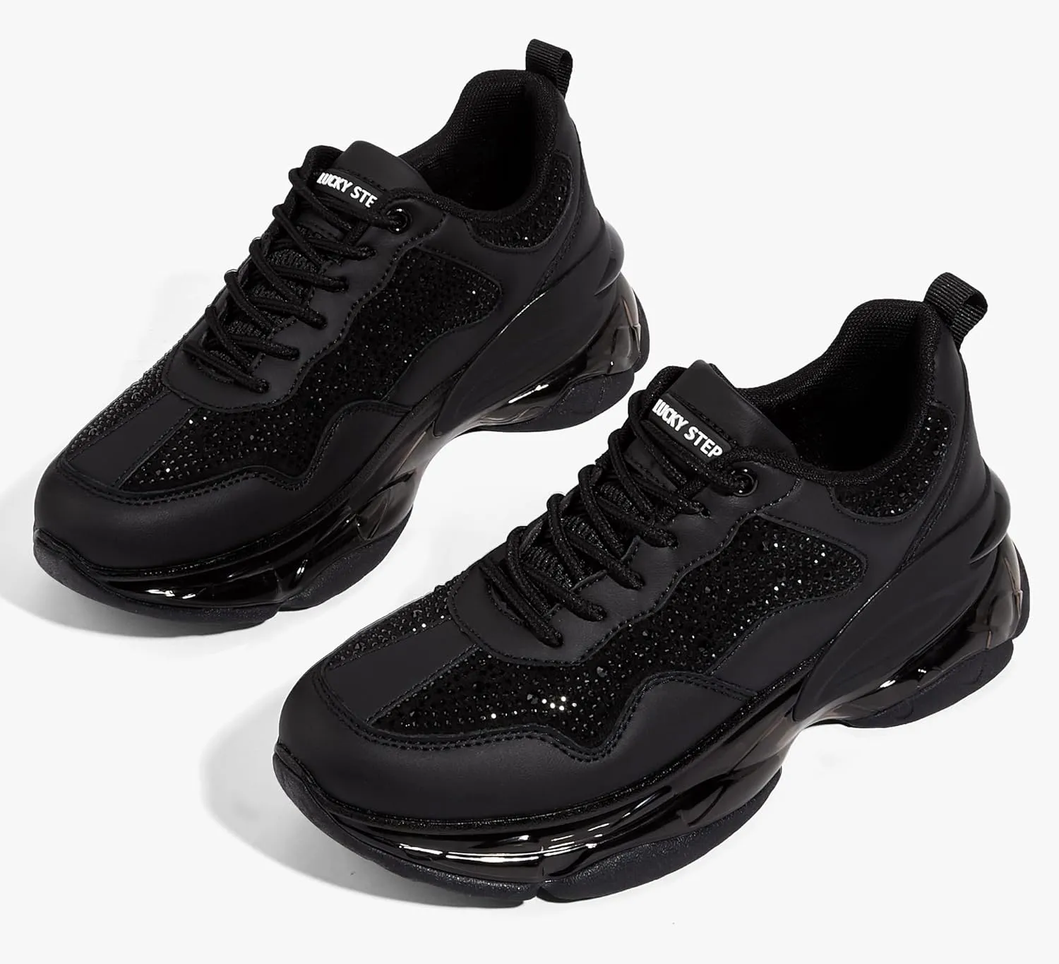 LUCKY STEP Women's Air Cushion Rhinestone Fashion Sneakers Chunky Rave Sparkly Casual Comfortable Walking Shoes