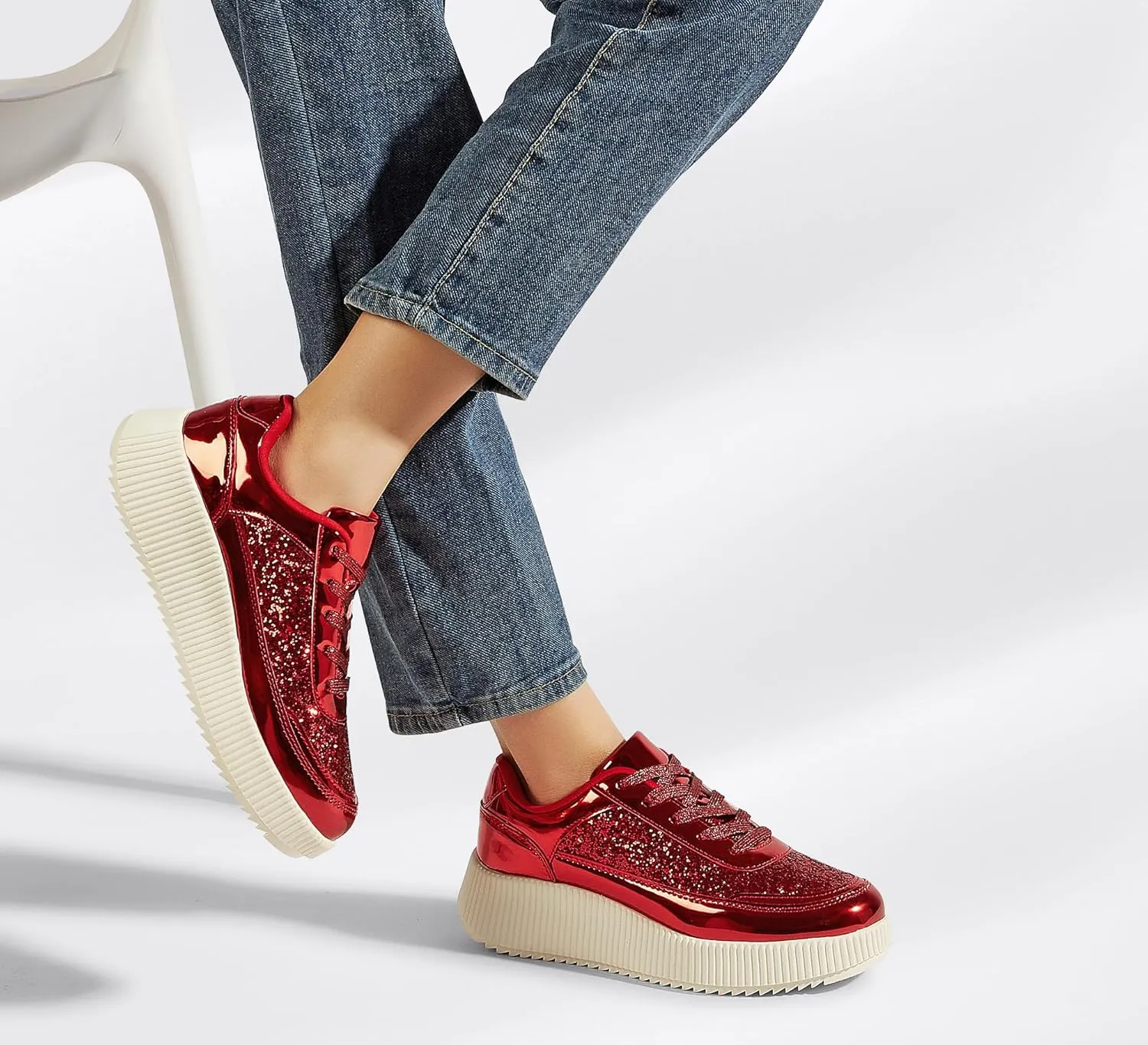 LUCKY STEP Women's Platform Sneakers Rhinestone Fashion Chunky Casual Sparkly Retro Braided Walking Shoes