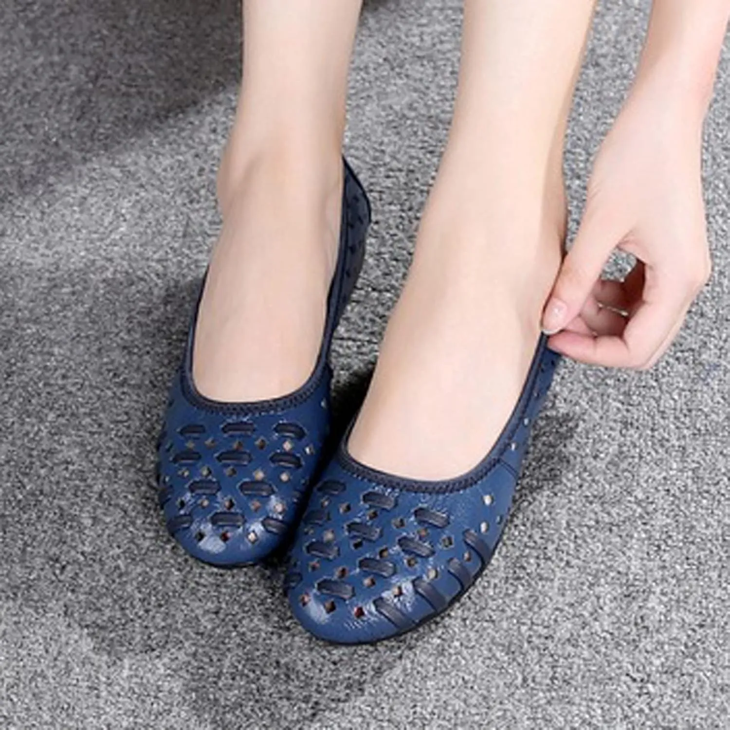 LUXINYU Women's Slip on Flats,Round Toe Hallow Flat Shoes, Soft Comfortable Cowhide Soft-soled Flats