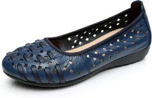 LUXINYU Women's Slip on Flats,Round Toe Hallow Flat Shoes, Soft Comfortable Cowhide Soft-soled Flats