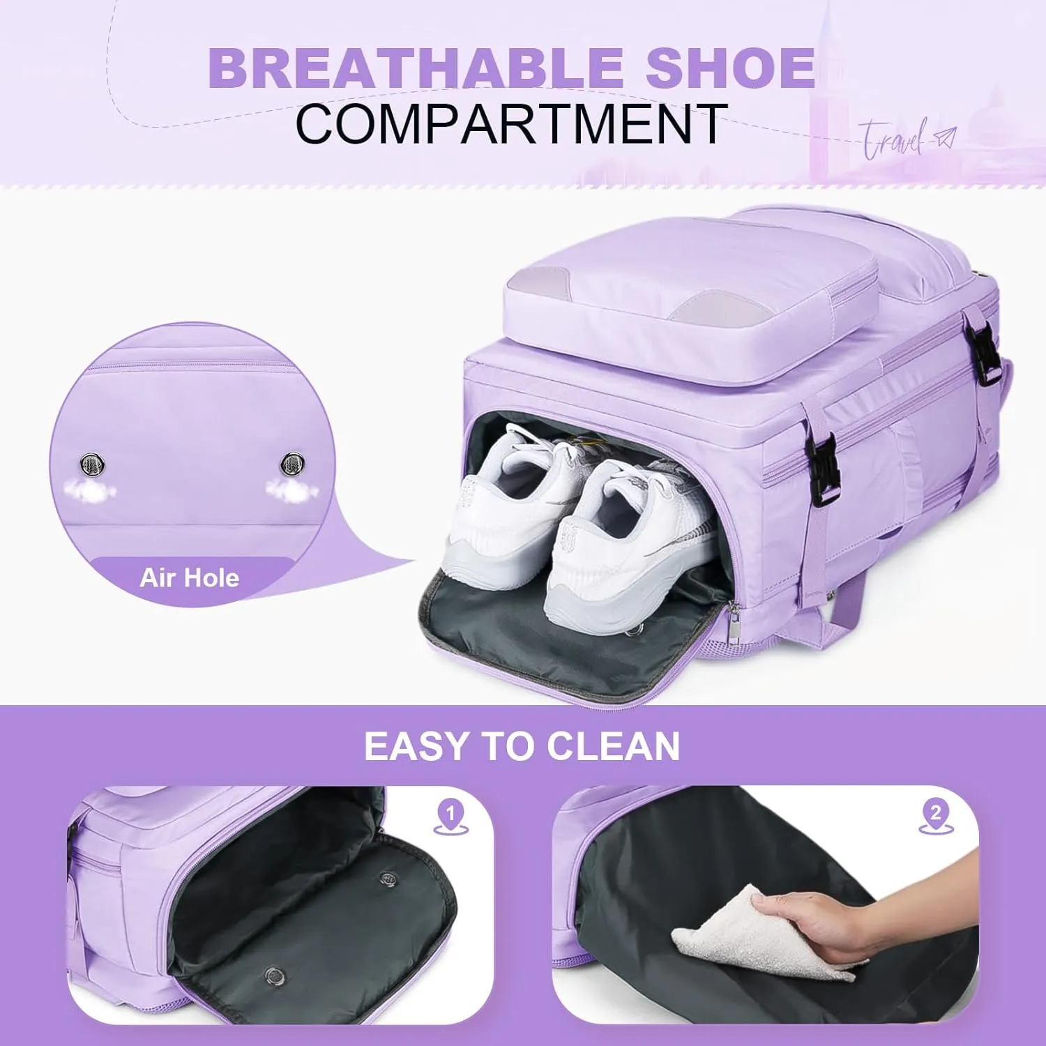 Maelstrom Travel Backpack for Women Men,35L Laptop Backpack Fits 17-Inch Laptop,Waterproof Carry On Backpack for Airplanes with Detachable Crossbody Bag&Shoe Compartment,Purple