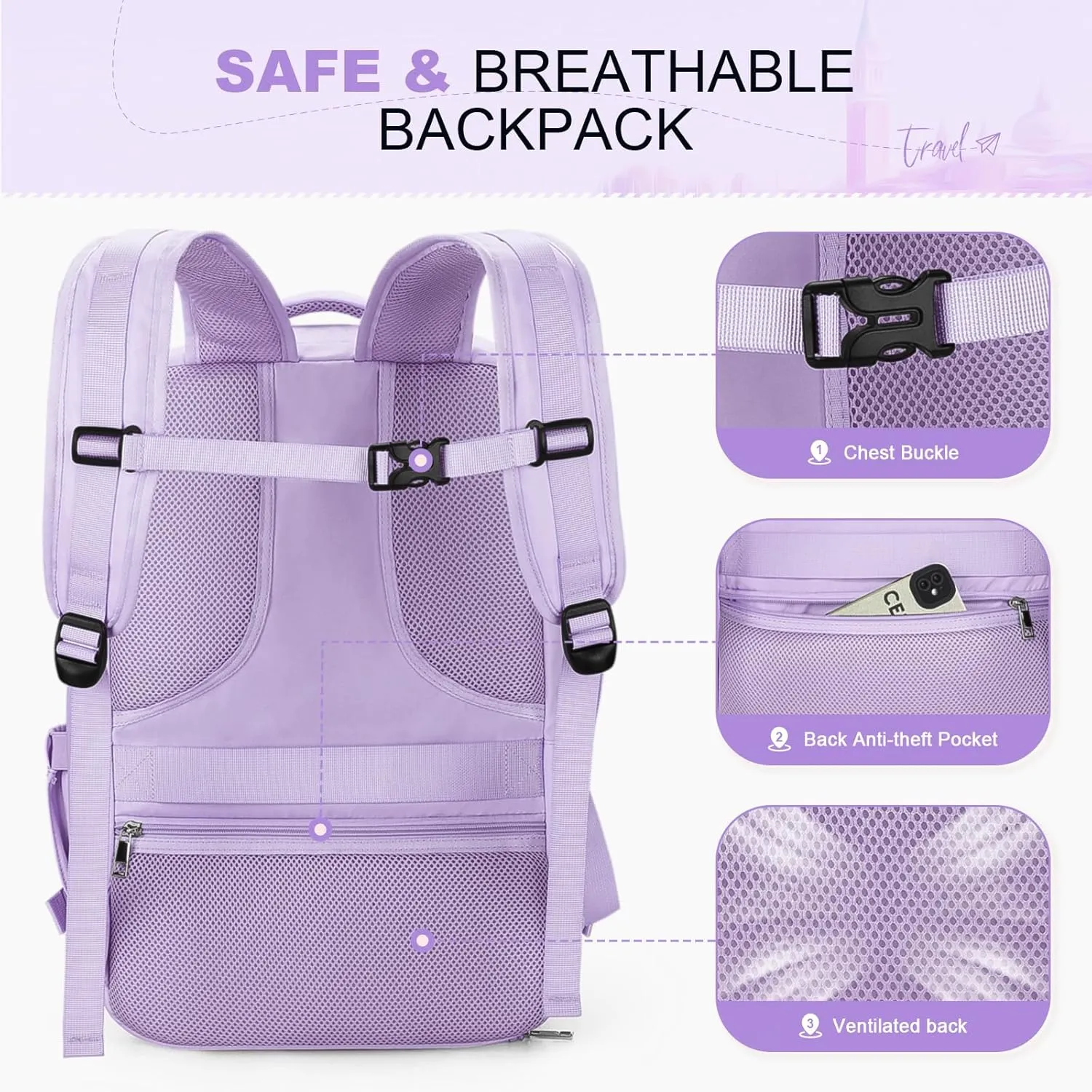 Maelstrom Travel Backpack for Women Men,35L Laptop Backpack Fits 17-Inch Laptop,Waterproof Carry On Backpack for Airplanes with Detachable Crossbody Bag&Shoe Compartment,Purple