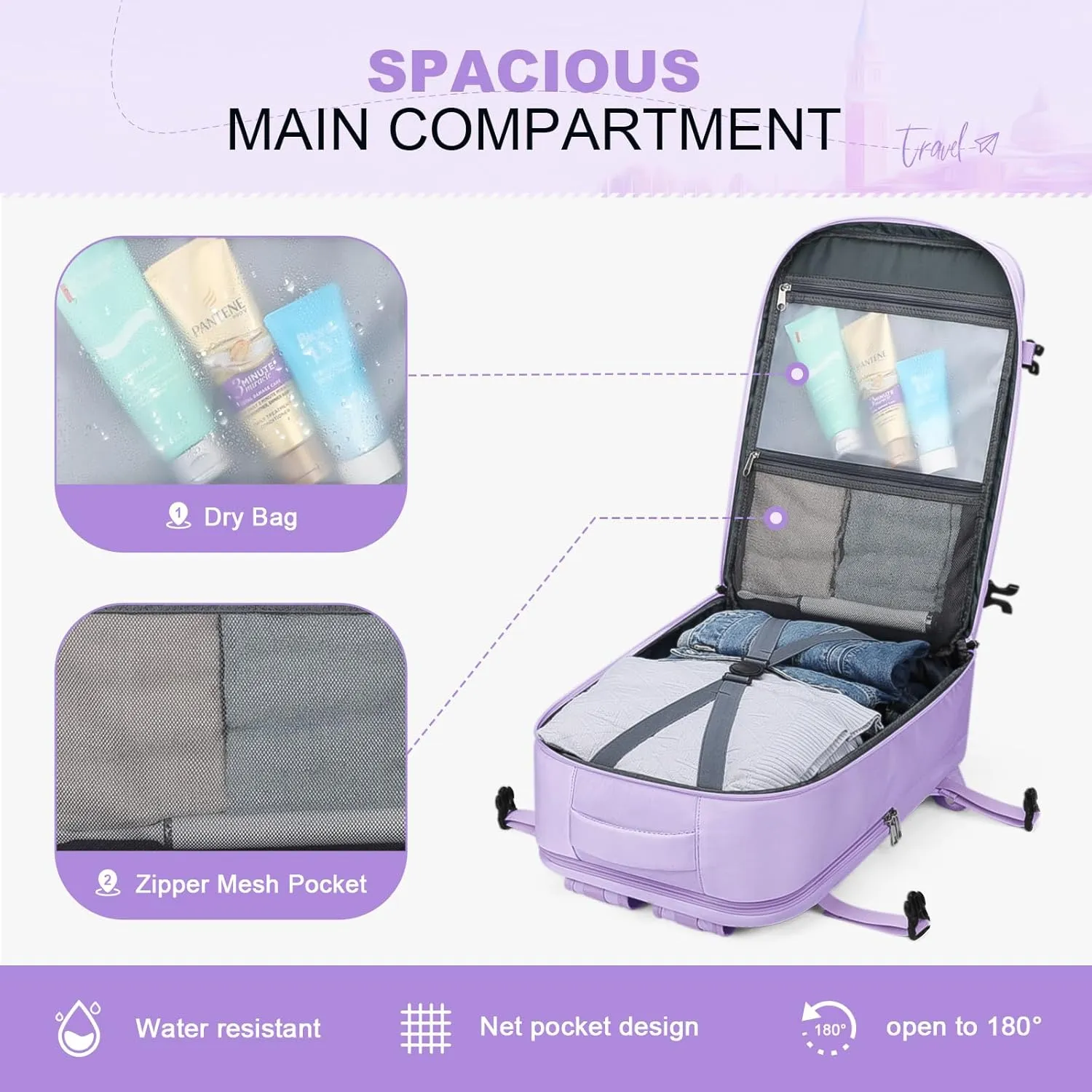 Maelstrom Travel Backpack for Women Men,35L Laptop Backpack Fits 17-Inch Laptop,Waterproof Carry On Backpack for Airplanes with Detachable Crossbody Bag&Shoe Compartment,Purple