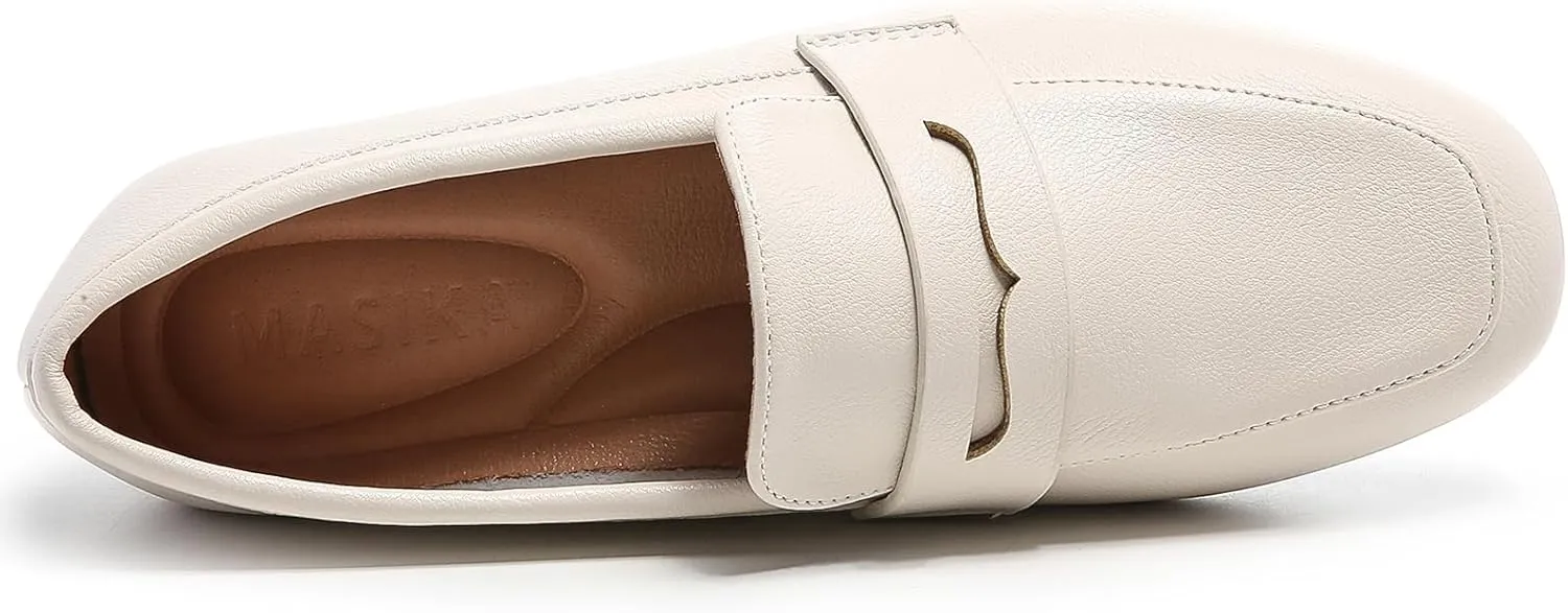 MASIKA Women's Fashionable Loafers, Cowhide Soft Soled Loafers, Square Toe Minimalist Work Shoes, Flat Shoes, and White Penny Loafers.