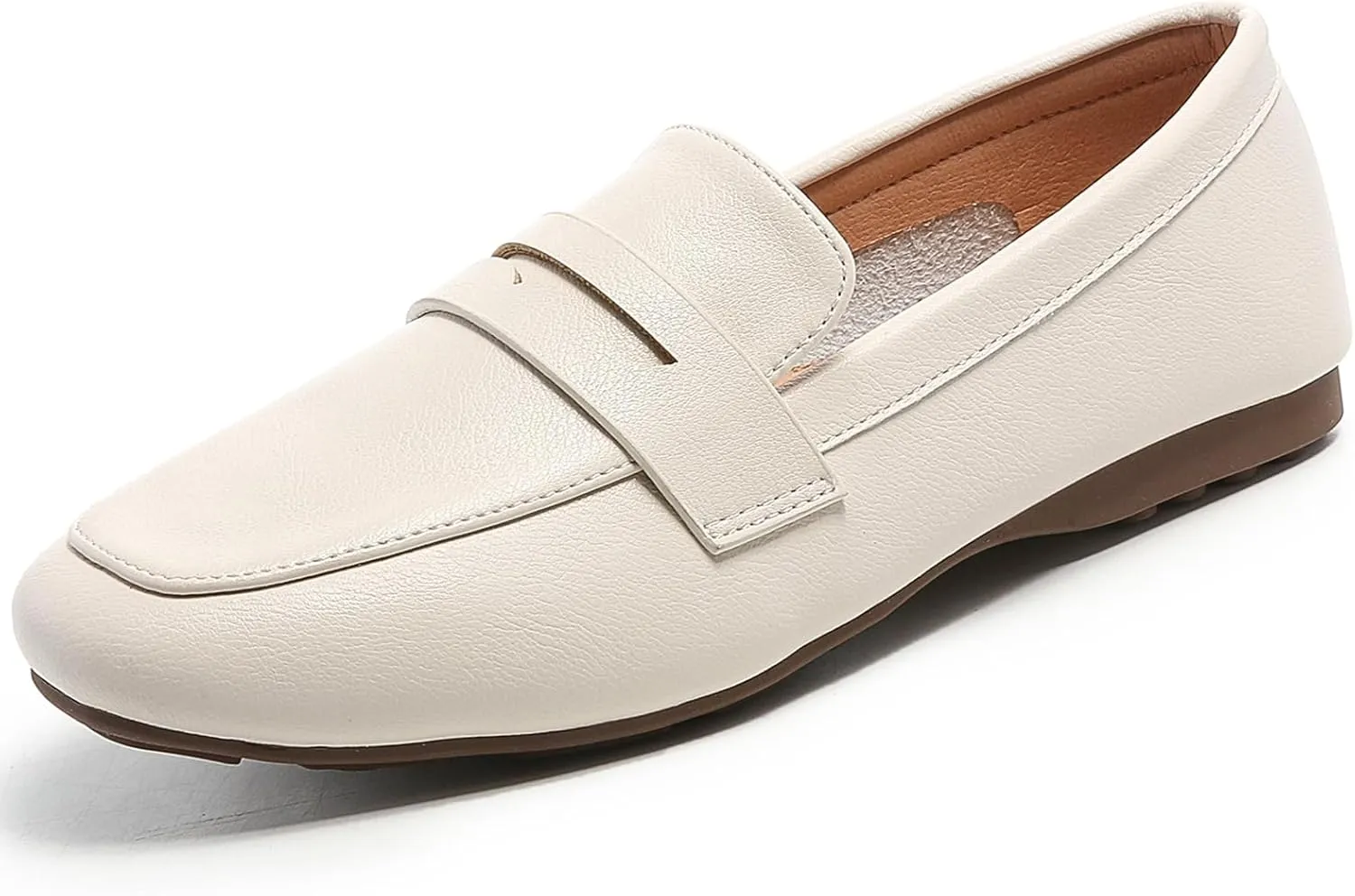 MASIKA Women's Fashionable Loafers, Cowhide Soft Soled Loafers, Square Toe Minimalist Work Shoes, Flat Shoes, and White Penny Loafers.