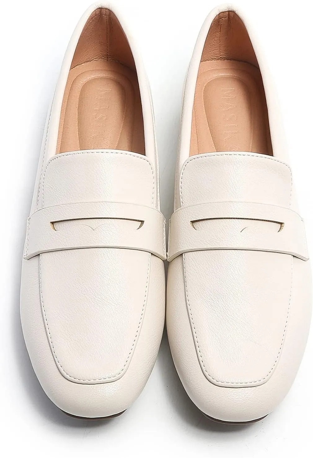MASIKA Women's Fashionable Loafers, Cowhide Soft Soled Loafers, Square Toe Minimalist Work Shoes, Flat Shoes, and White Penny Loafers.