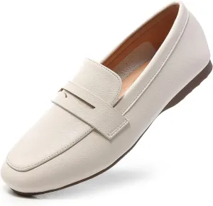 MASIKA Women's Fashionable Loafers, Cowhide Soft Soled Loafers, Square Toe Minimalist Work Shoes, Flat Shoes, and White Penny Loafers.