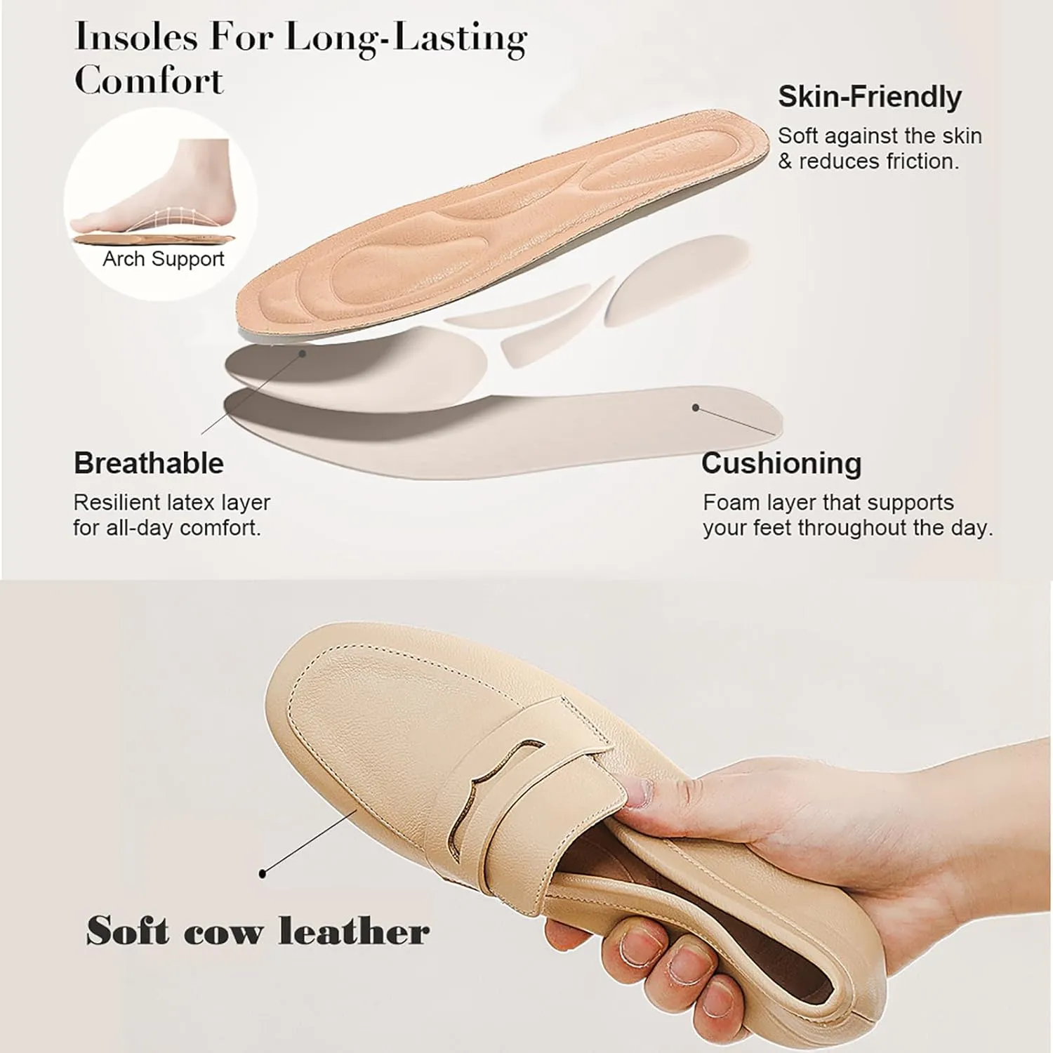 MASIKA Women's Fashionable Loafers, Cowhide Soft Soled Loafers, Square Toe Minimalist Work Shoes, Flat Shoes, and White Penny Loafers.