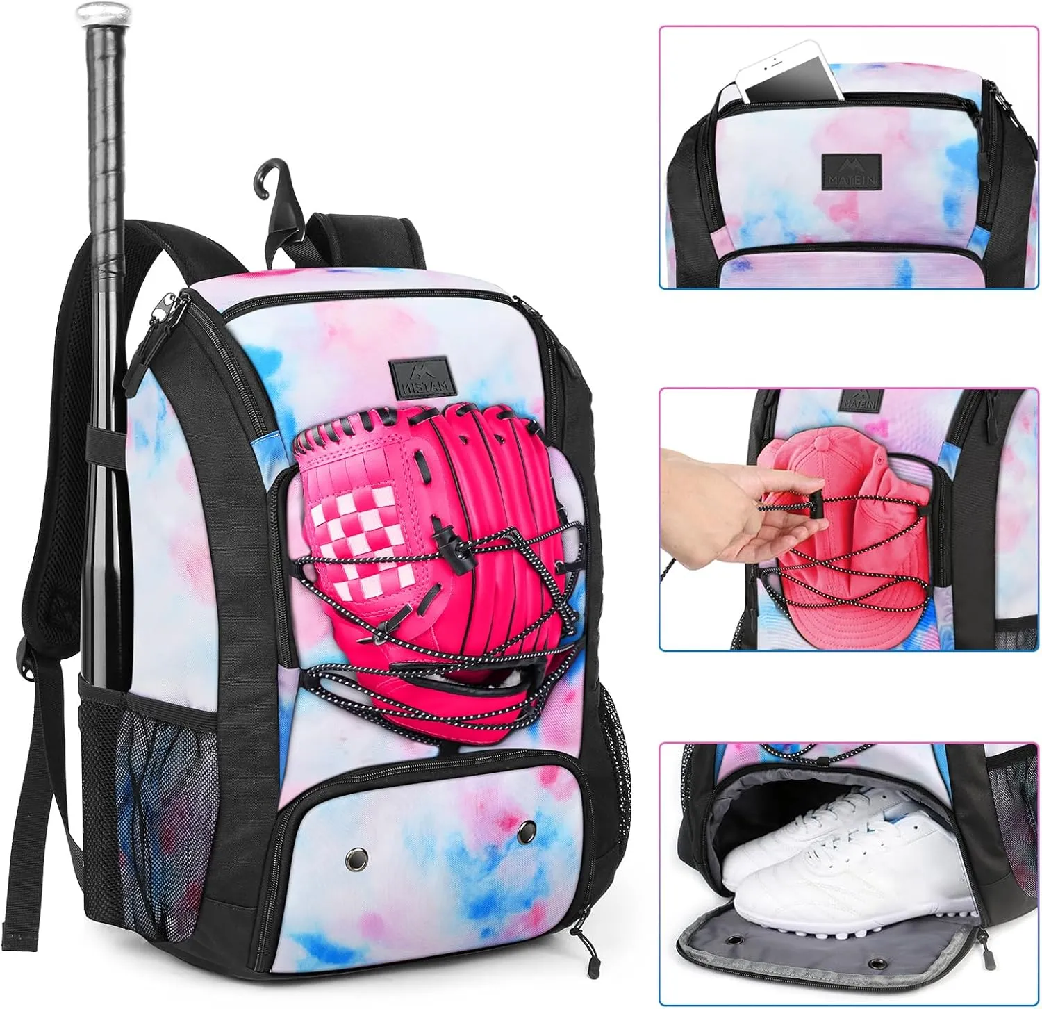 MATEIN Baseball Backpack, Softball Bat Bag with Shoes Compartment for Youth, Boys and Adult, Lightweight Baseball Bag with Fence Hook Hold TBall Bat, Batting Mitten, Helmet, Caps, Teeball Gear