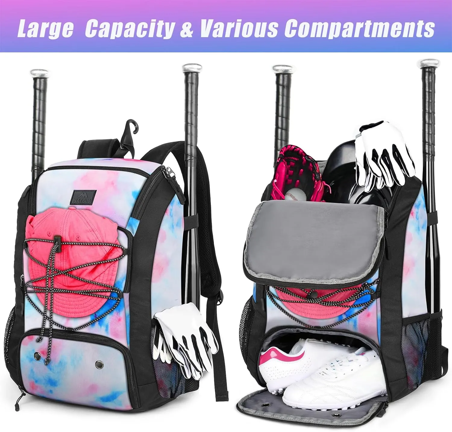 MATEIN Baseball Backpack, Softball Bat Bag with Shoes Compartment for Youth, Boys and Adult, Lightweight Baseball Bag with Fence Hook Hold TBall Bat, Batting Mitten, Helmet, Caps, Teeball Gear