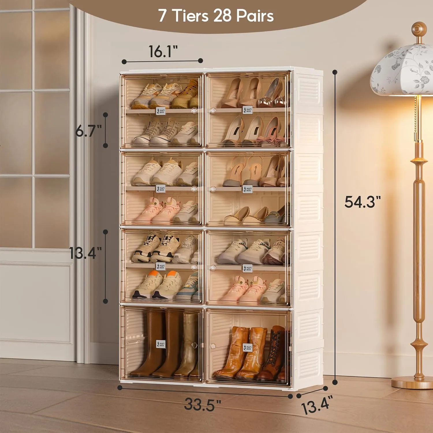 Mayi Box Portable Shoe Storage Cabinet for Closet Entryway, Foldable Shoe Rack Organizer with Magnetic Clear Door, Large Sneaker Cabinet Bins Sturdy Easy Assembly 7 Tiers 28 Pairs