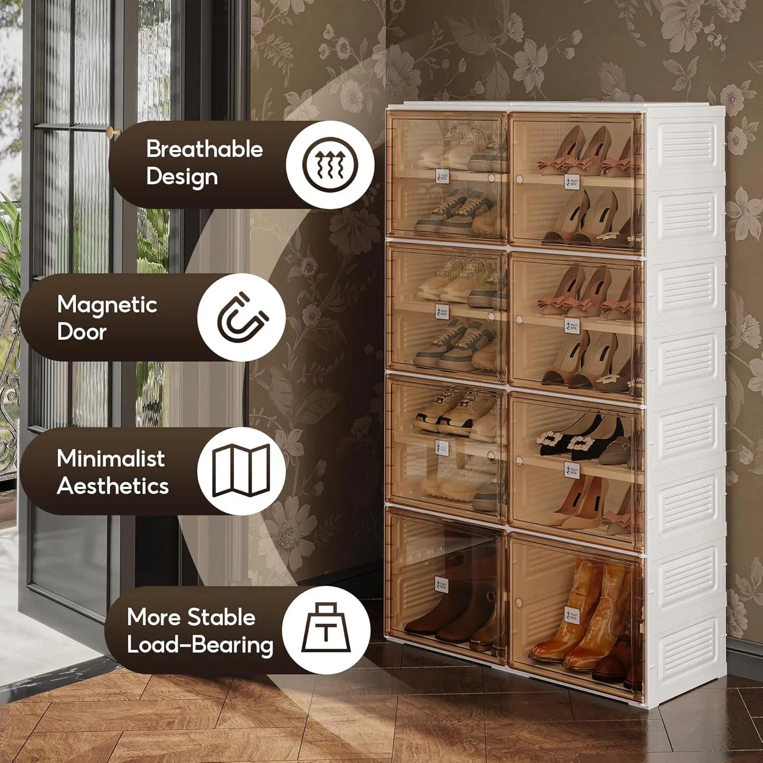 Mayi Box Portable Shoe Storage Cabinet for Closet Entryway, Foldable Shoe Rack Organizer with Magnetic Clear Door, Large Sneaker Cabinet Bins Sturdy Easy Assembly 7 Tiers 28 Pairs