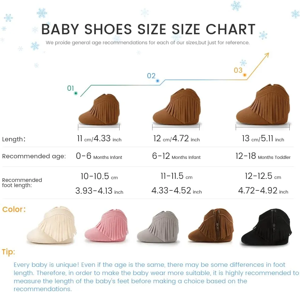Meckior Baby Girls Cowboy Tassel Boots Side Zipper Moccasins Soft Bottom Non-Slip Toddler Shoe