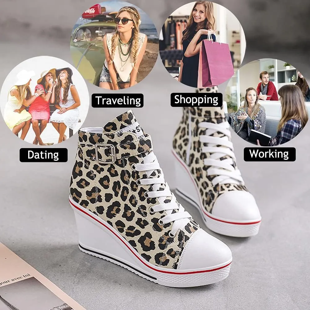 Mei MACLEOD Wedge Heel Sneaker for Women High Heel Sneaker Side Zipper/Lace Up Canvas Shoes for Ladies College Students