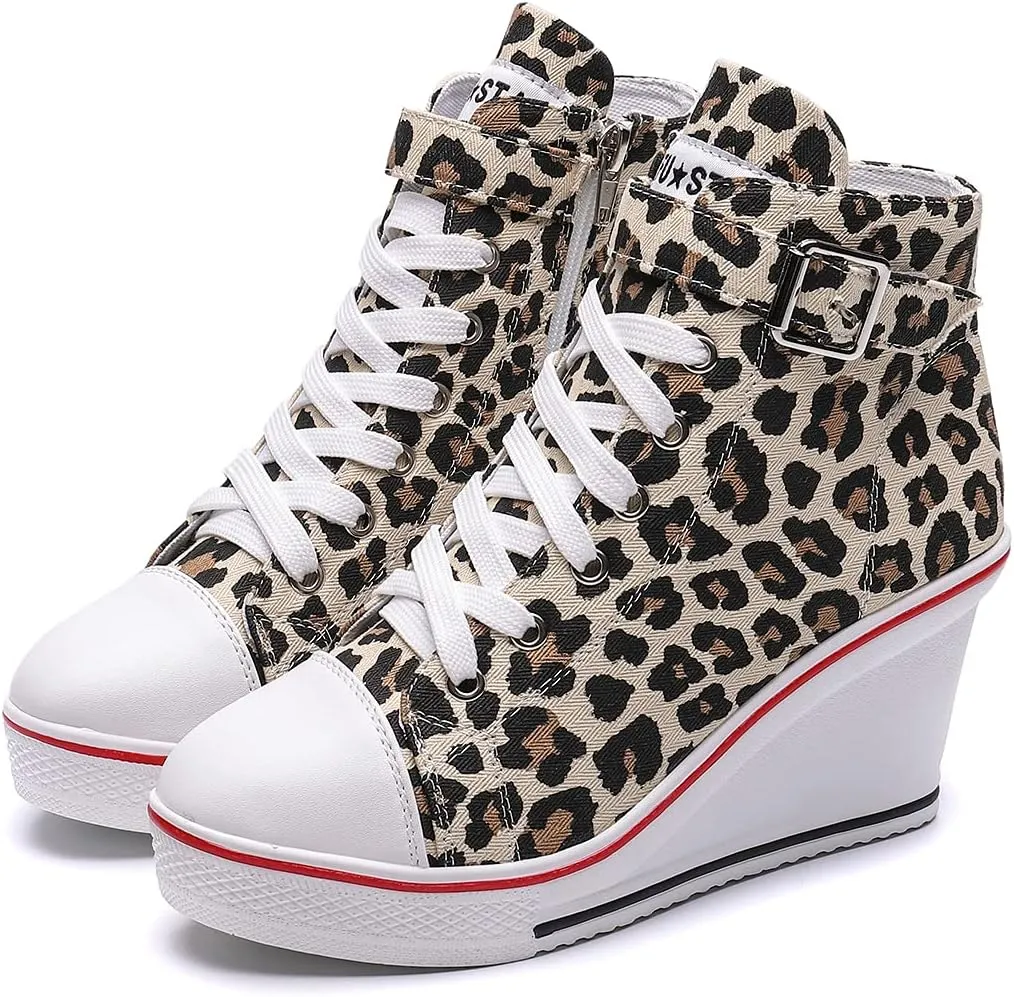 Mei MACLEOD Wedge Heel Sneaker for Women High Heel Sneaker Side Zipper/Lace Up Canvas Shoes for Ladies College Students