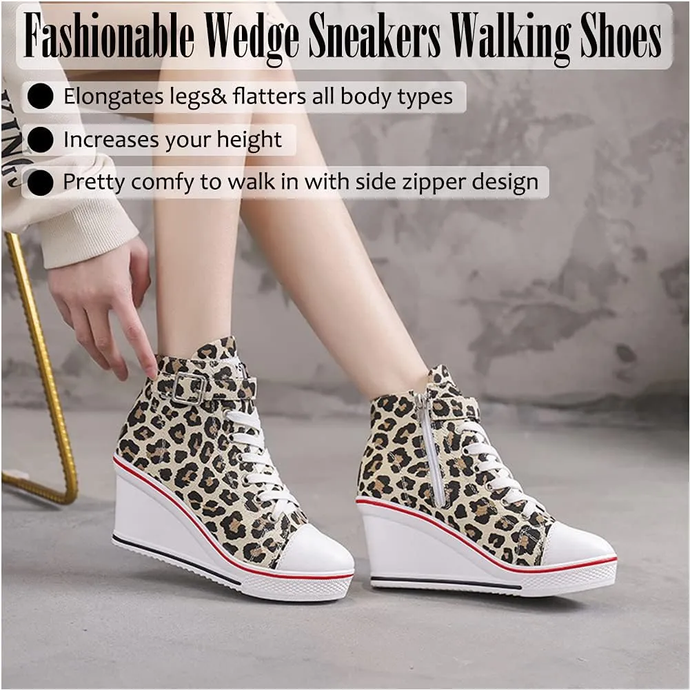 Mei MACLEOD Wedge Heel Sneaker for Women High Heel Sneaker Side Zipper/Lace Up Canvas Shoes for Ladies College Students