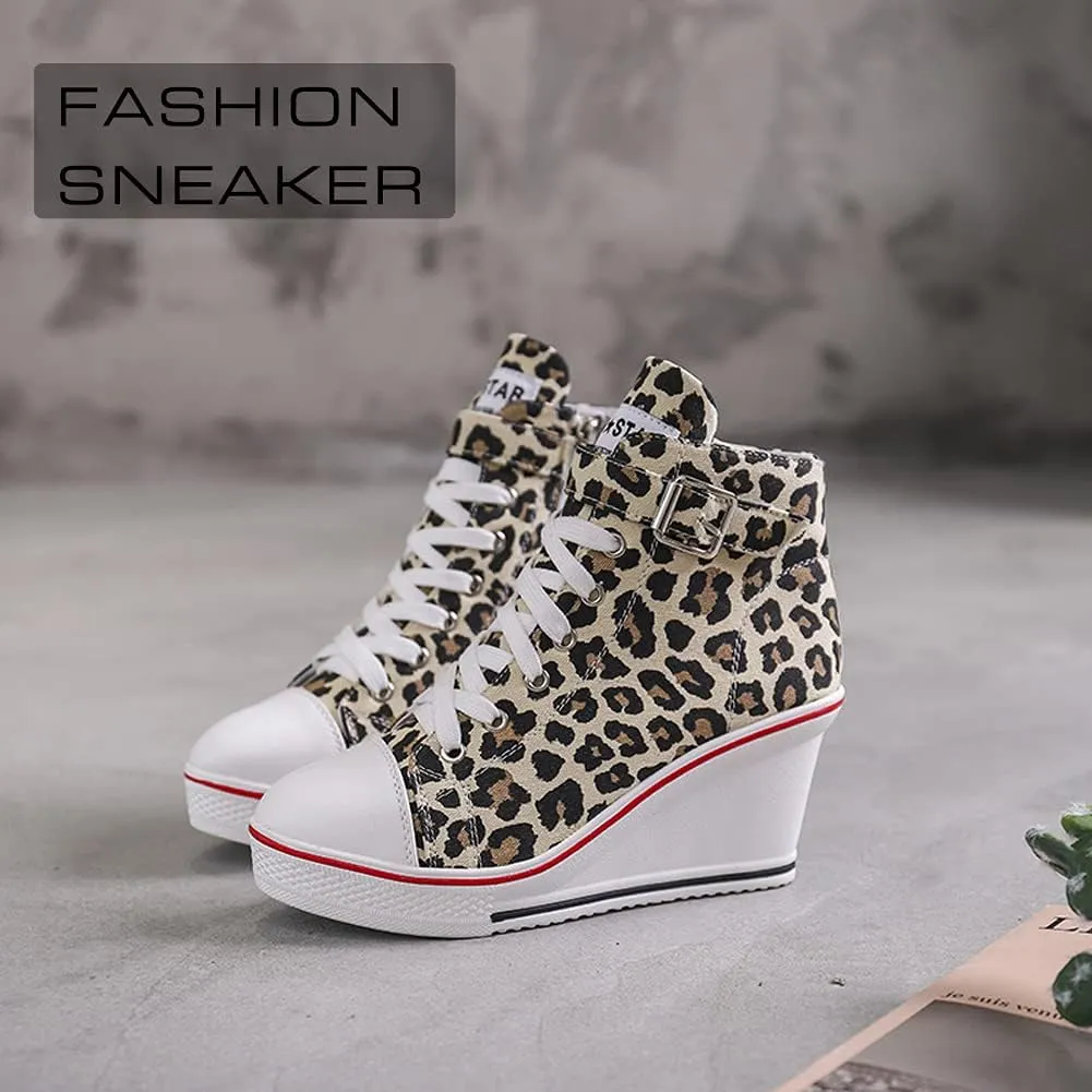 Mei MACLEOD Wedge Heel Sneaker for Women High Heel Sneaker Side Zipper/Lace Up Canvas Shoes for Ladies College Students