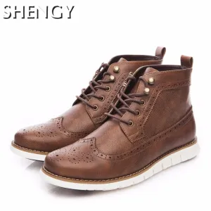 Mens Ankle Boots Lightweight PU Leather Fashion Round Toe Male Casual