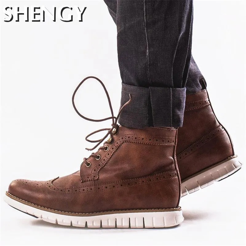 Mens Ankle Boots Lightweight PU Leather Fashion Round Toe Male Casual