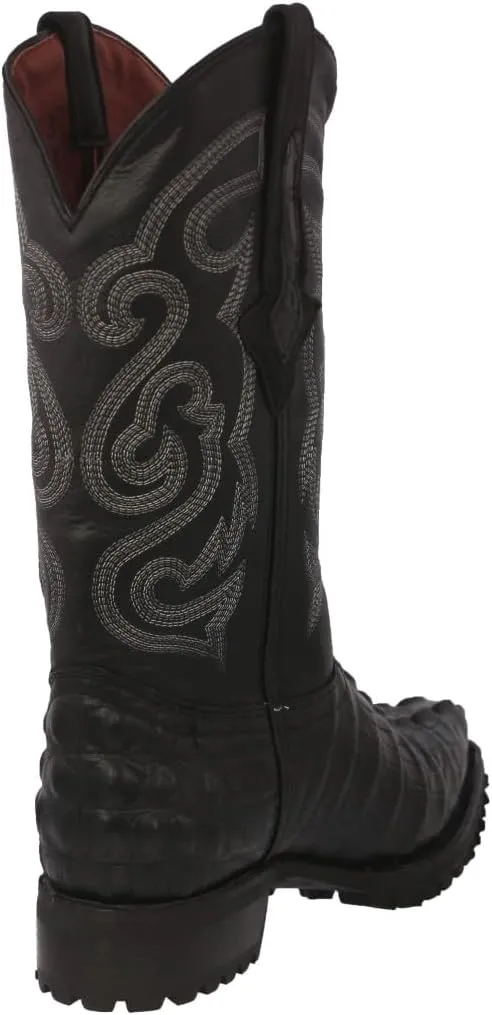 Mens Black Leather Motorcycle Boots Crocodile Tail Print J Toe