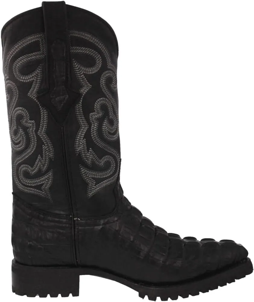 Mens Black Leather Motorcycle Boots Crocodile Tail Print J Toe