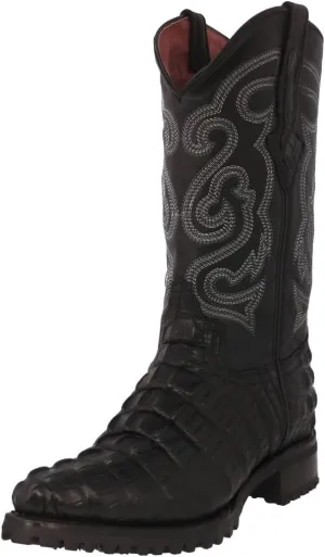 Mens Black Leather Motorcycle Boots Crocodile Tail Print J Toe
