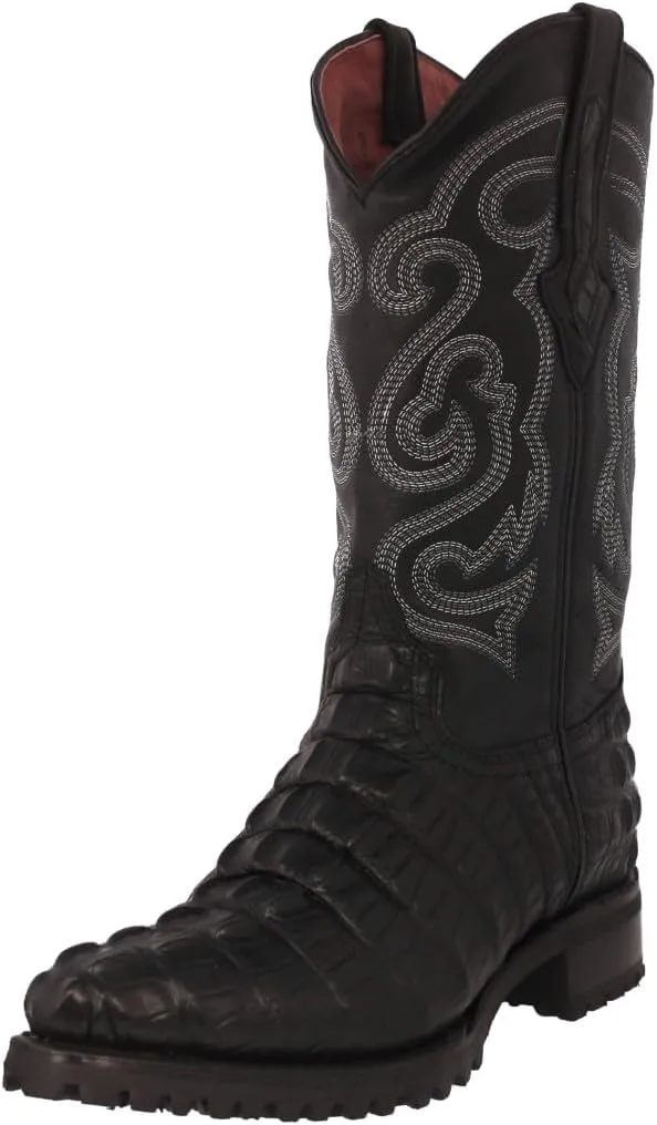 Mens Black Leather Motorcycle Boots Crocodile Tail Print J Toe