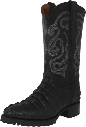 Mens Black Leather Motorcycle Boots Crocodile Tail Print Round Toe