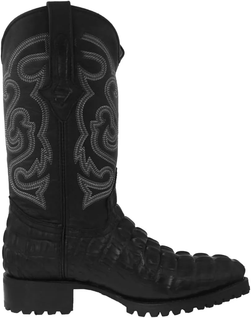 Mens Black Leather Motorcycle Boots Crocodile Tail Print Round Toe