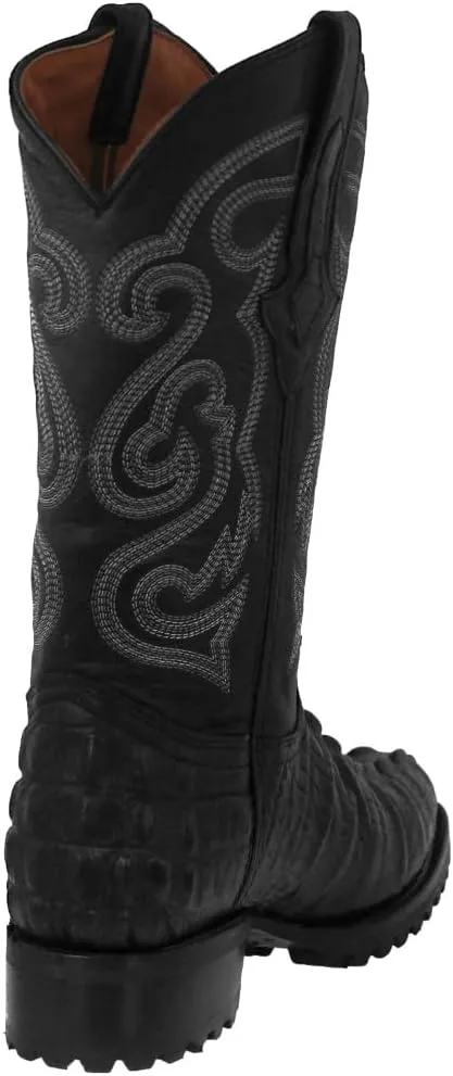 Mens Black Leather Motorcycle Boots Crocodile Tail Print Round Toe