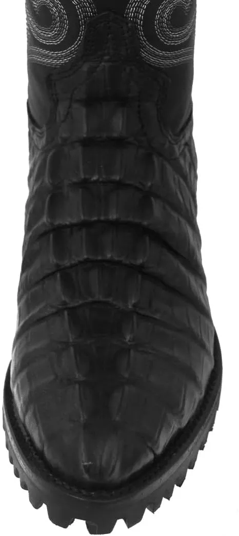 Mens Black Leather Motorcycle Boots Crocodile Tail Print Round Toe