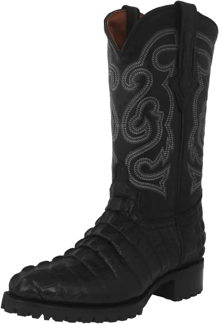 Mens Black Leather Motorcycle Boots Crocodile Tail Print Round Toe