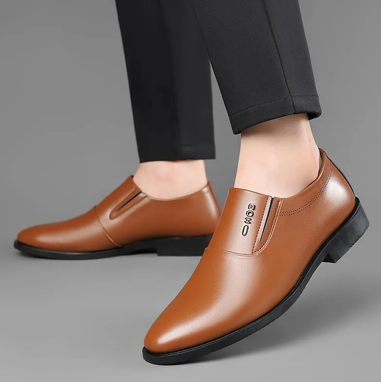 Men's Classic Leather Oxford Shoes - Slip On Pointed Toe Derby Style - Non-Slip Soft Sole Business Footwear