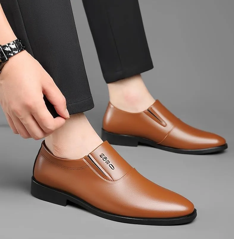 Men's Classic Leather Oxford Shoes - Slip On Pointed Toe Derby Style - Non-Slip Soft Sole Business Footwear
