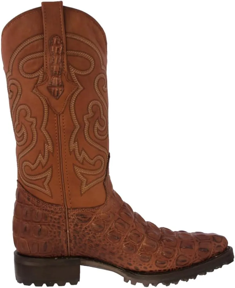 Mens Cognac Leather Motorcycle Boots Crocodile Back Cut Print J Toe