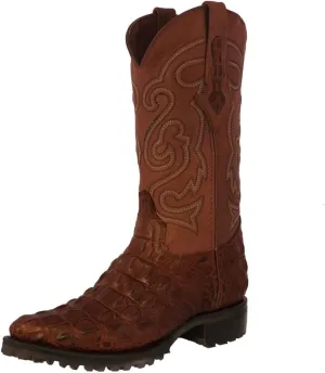 Mens Cognac Leather Motorcycle Boots Crocodile Back Cut Print J Toe