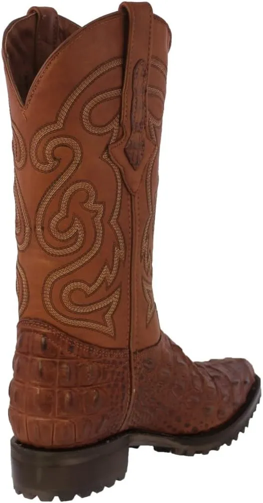 Mens Cognac Leather Motorcycle Boots Crocodile Back Cut Print J Toe