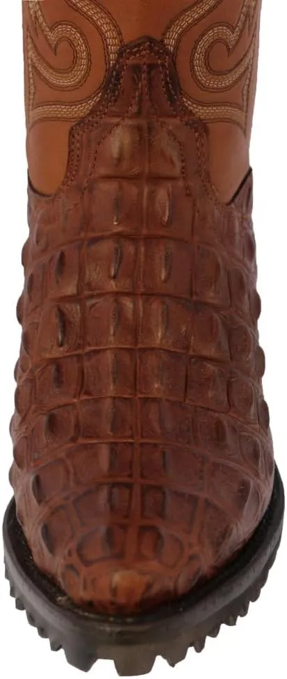Mens Cognac Leather Motorcycle Boots Crocodile Back Cut Print J Toe