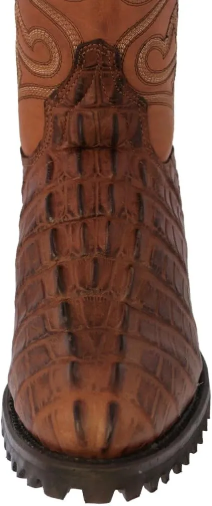 Mens Cognac Leather Motorcycle Boots Crocodile Tail Print Round Toe