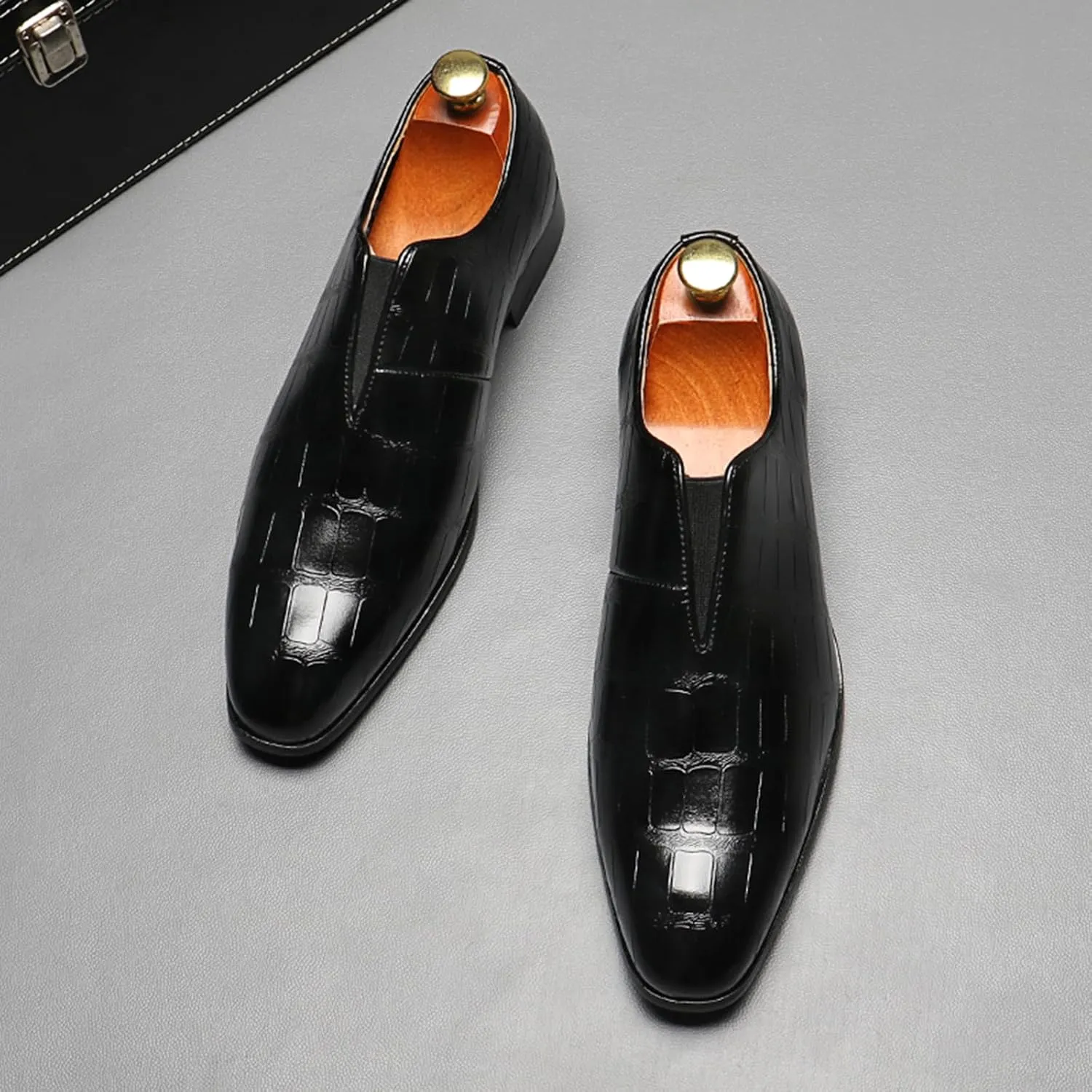 Mens Dress Shoes Leather Loafer, Fashion Crocodile Printed Handmade Dress Shoes Slip on Loafer Shoes for Men