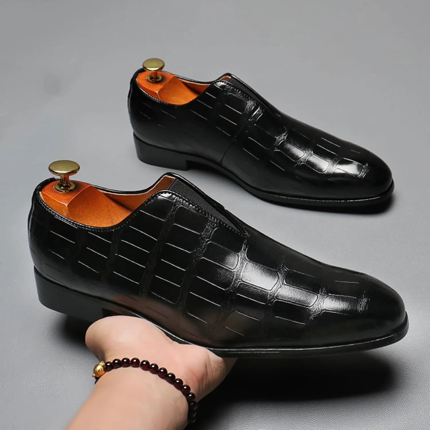 Mens Dress Shoes Leather Loafer, Fashion Crocodile Printed Handmade Dress Shoes Slip on Loafer Shoes for Men