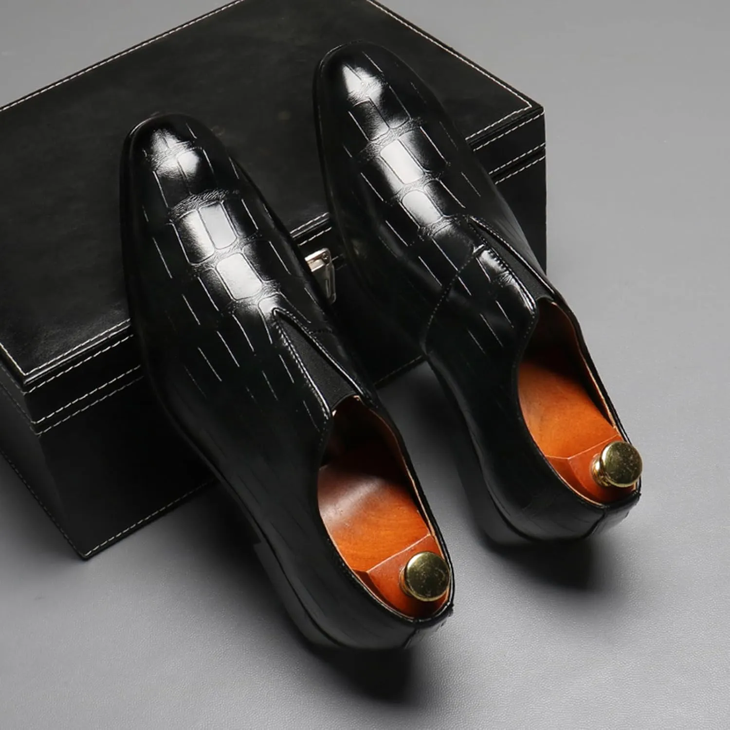 Mens Dress Shoes Leather Loafer, Fashion Crocodile Printed Handmade Dress Shoes Slip on Loafer Shoes for Men