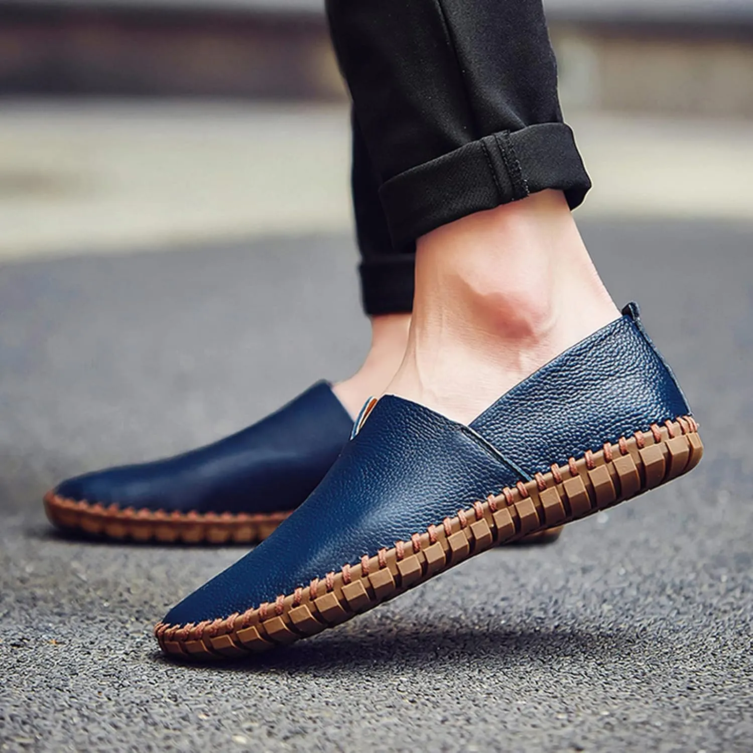 Men's Genuine Leather Loafer Flats Slip-On Soft Handmade Sole Summer Hollowed Casual Driving Shoes