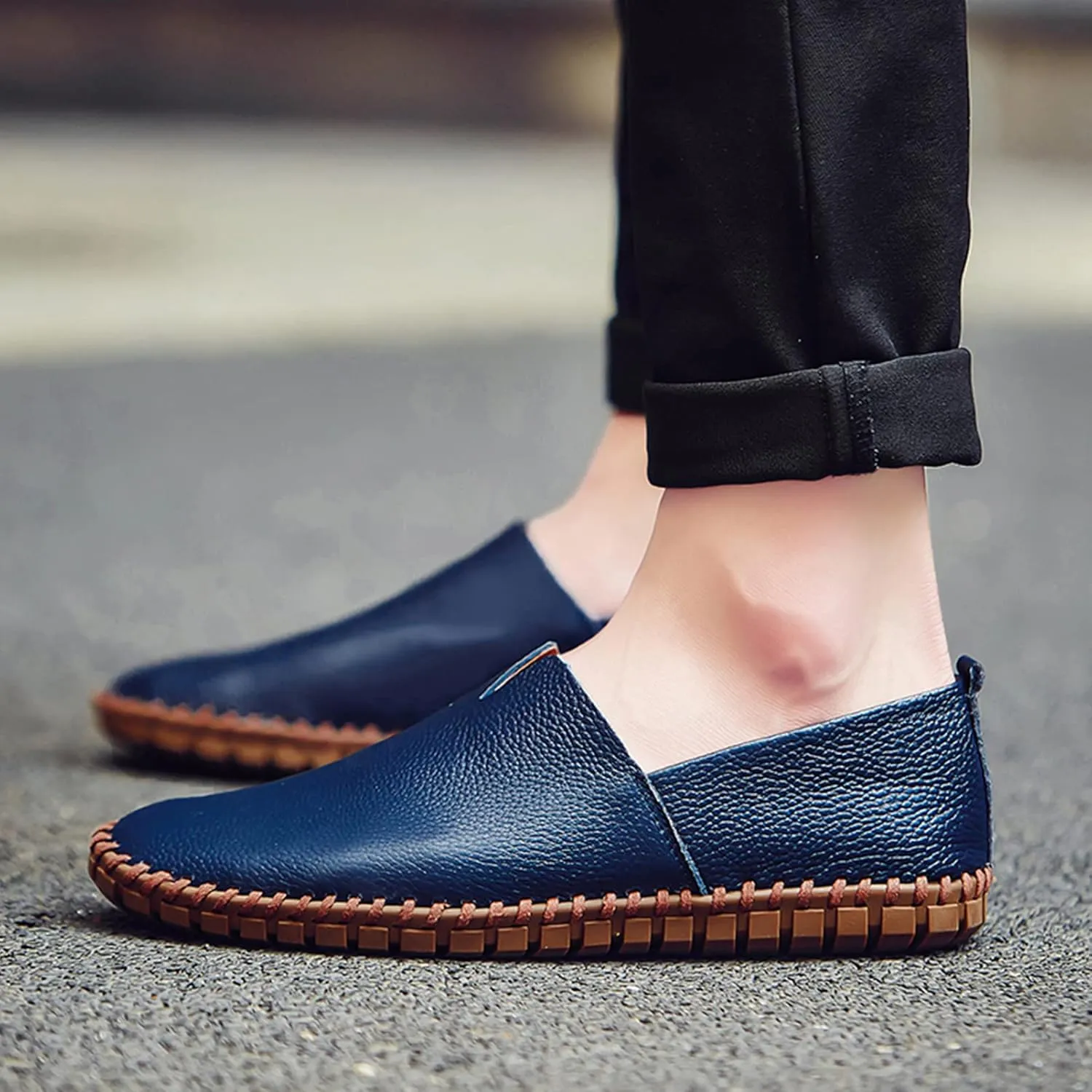 Men's Genuine Leather Loafer Flats Slip-On Soft Handmade Sole Summer Hollowed Casual Driving Shoes