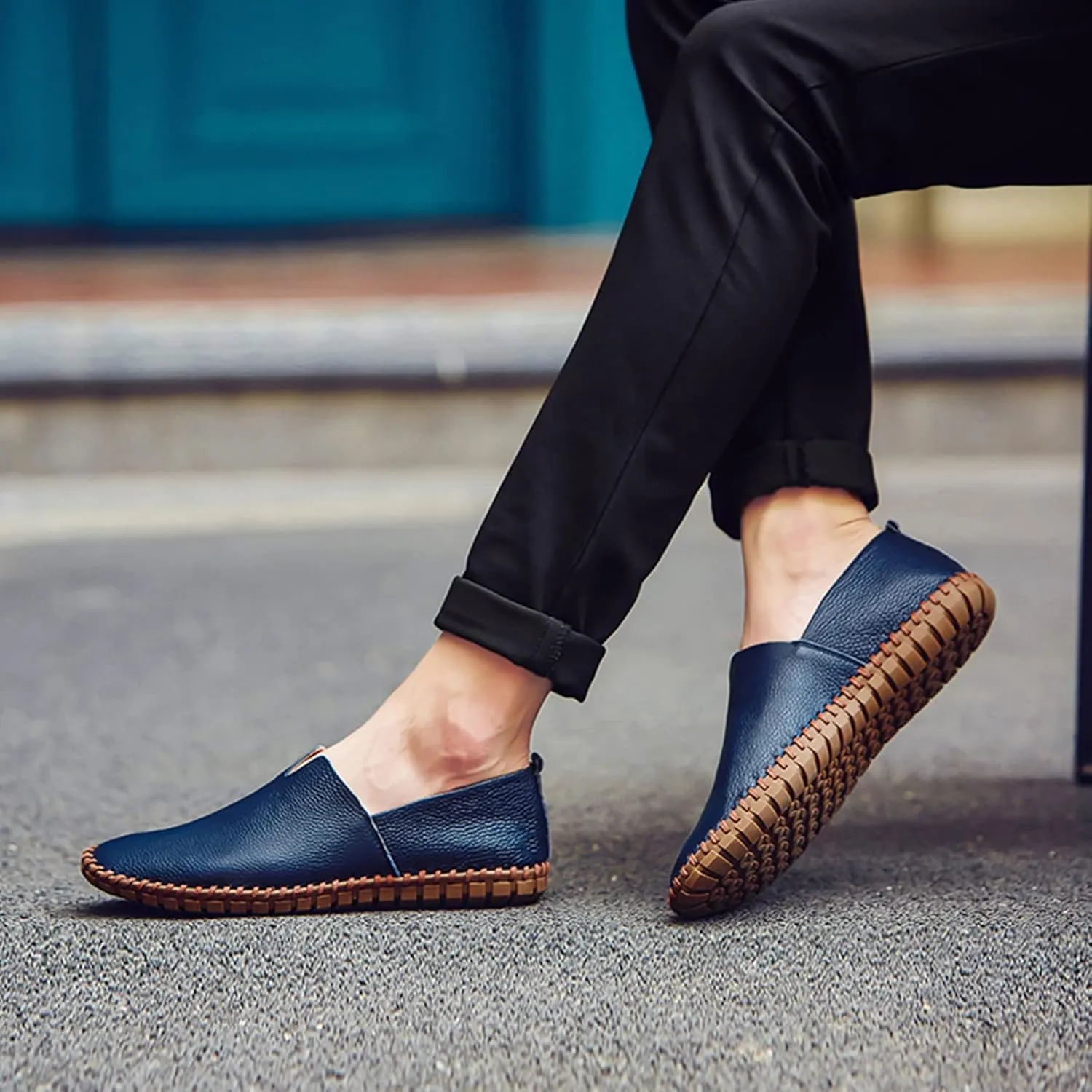 Men's Genuine Leather Loafer Flats Slip-On Soft Handmade Sole Summer Hollowed Casual Driving Shoes