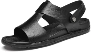Men's Genuine Leather Open Toe Flat Fashion Sandals Summer Comfortable Breatheable Dual Use Slip On Athletic Walking Sandal for Driving Casual Beach