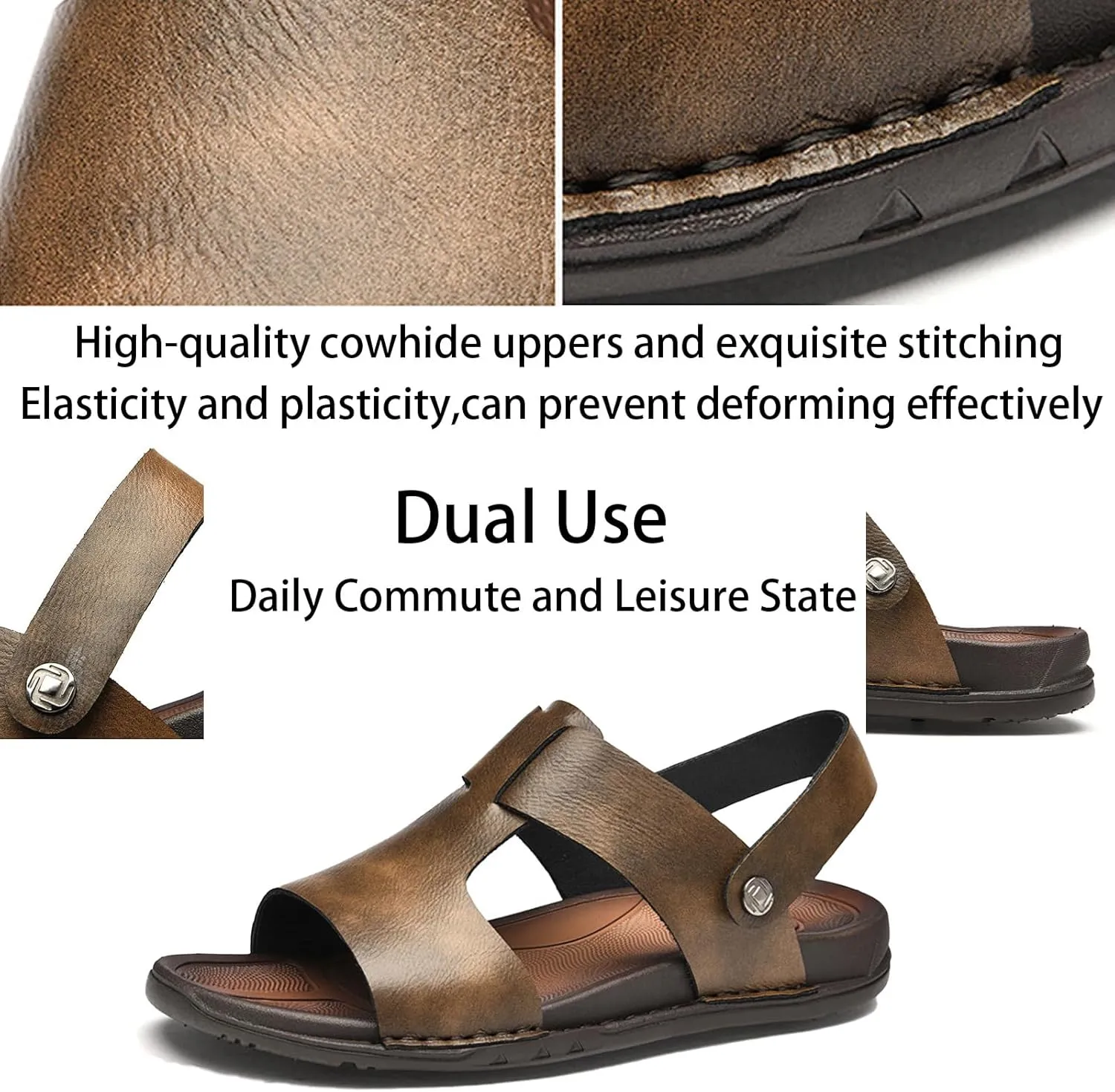 Men's Genuine Leather Open Toe Flat Fashion Sandals Summer Comfortable Breatheable Dual Use Slip On Athletic Walking Sandal for Driving Casual Beach