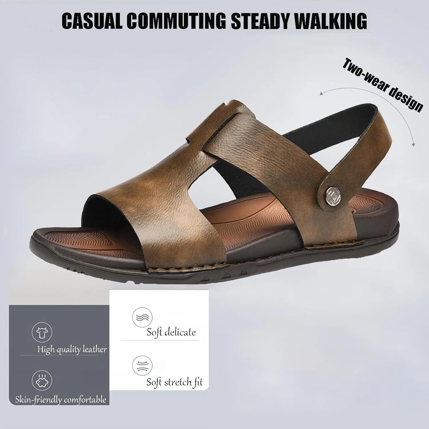 Men's Genuine Leather Open Toe Flat Fashion Sandals Summer Comfortable Breatheable Dual Use Slip On Athletic Walking Sandal for Driving Casual Beach