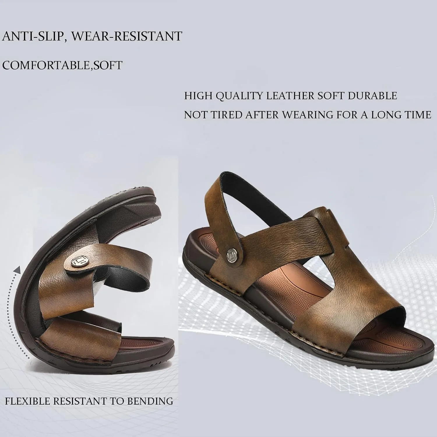 Men's Genuine Leather Open Toe Flat Fashion Sandals Summer Comfortable Breatheable Dual Use Slip On Athletic Walking Sandal for Driving Casual Beach